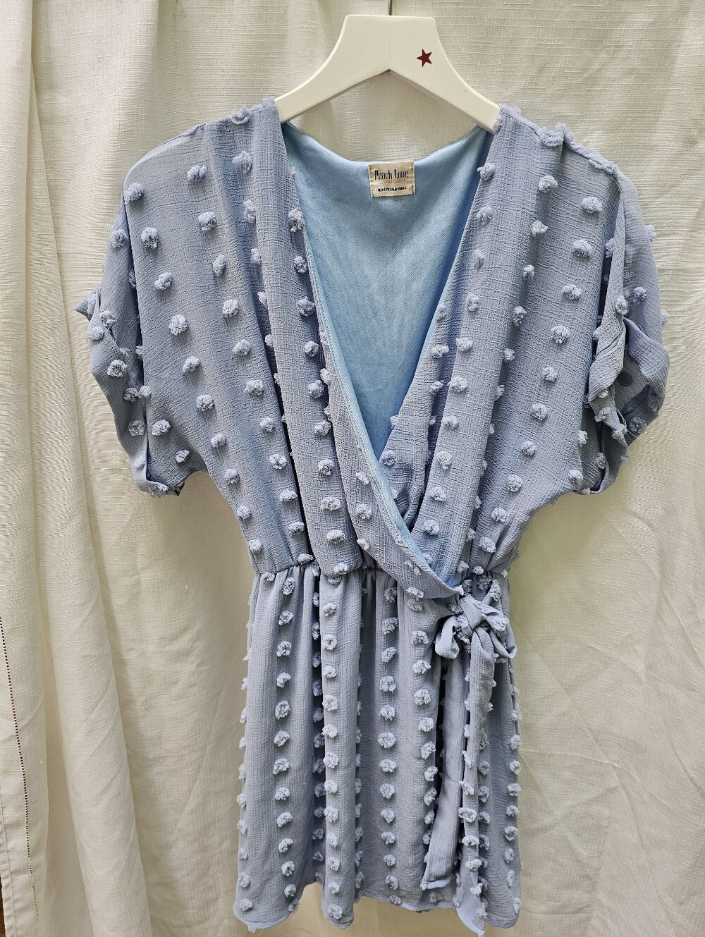 Peach Love California Baby Blue Pom-Pom Wrap Mini Dress Size Small